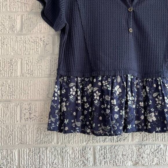 NWT Gypsies & Moondust Small Waffle Knit Peplum Floral Navy Blouse - Picture 3 of 4